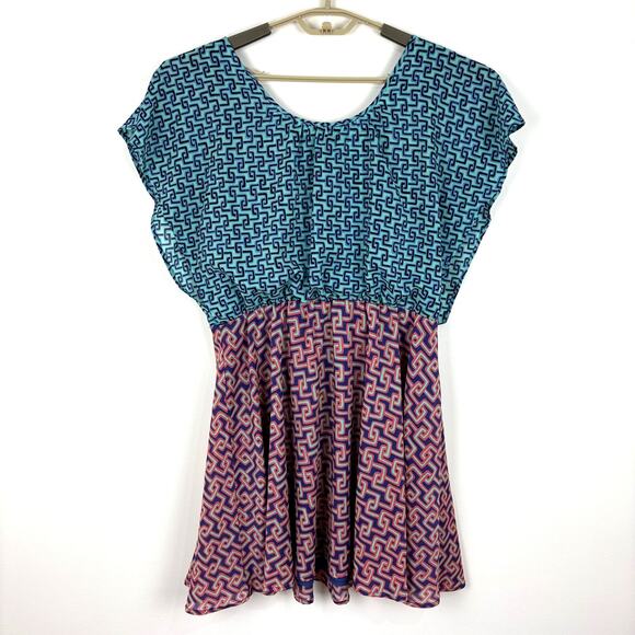 bar III front row colorblock geometric print flowy dress XL blue pink cocktail - Picture 7 of 11